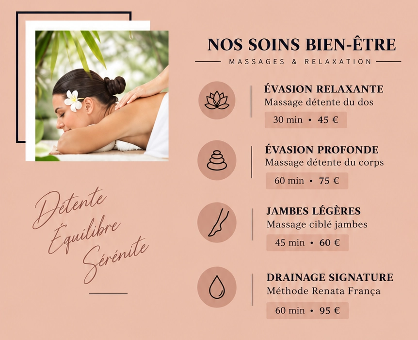 Flyer des massages CG Minceur : Évasion relaxante 45 €, Évasion profonde 75 €, Jambes légères 60 €, Drainage signature méthode Renata França 95 €